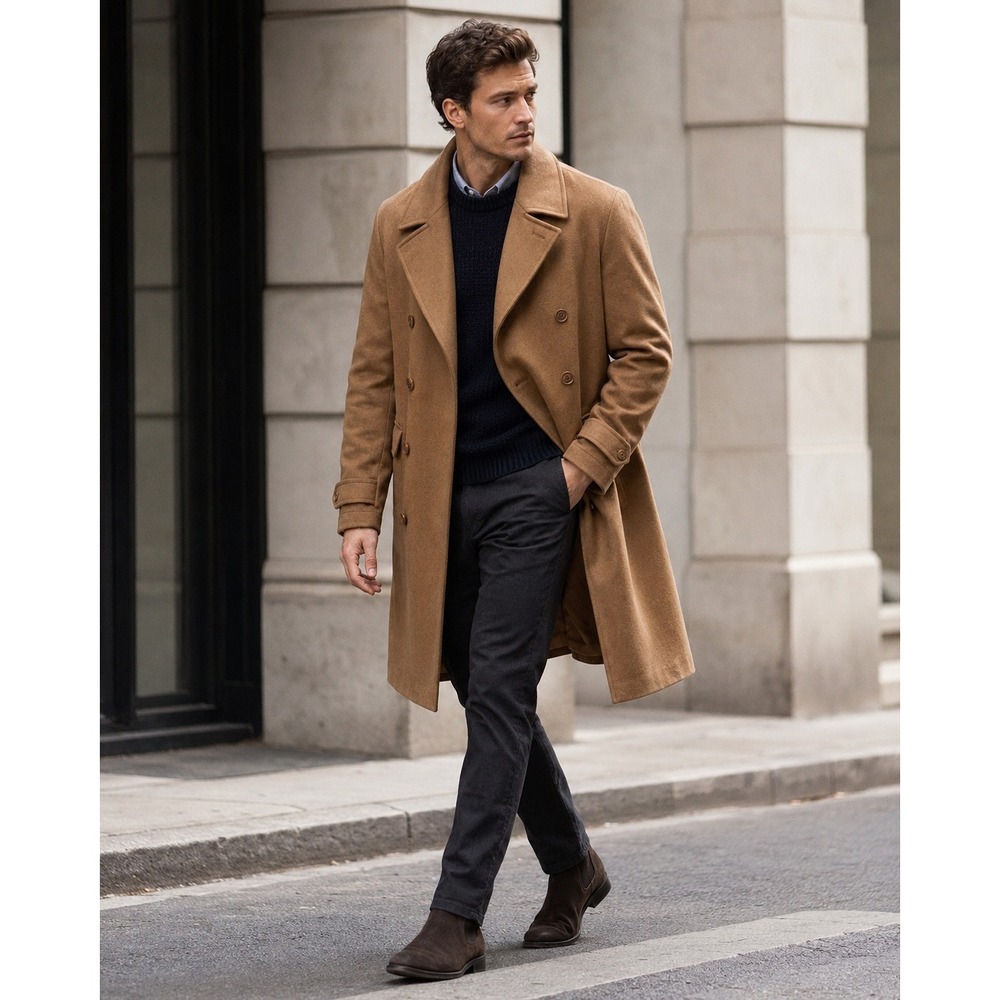 Lauren Ralph Lauren Classic Overcoat Camel Brown Double Breasted Mens 44 Short